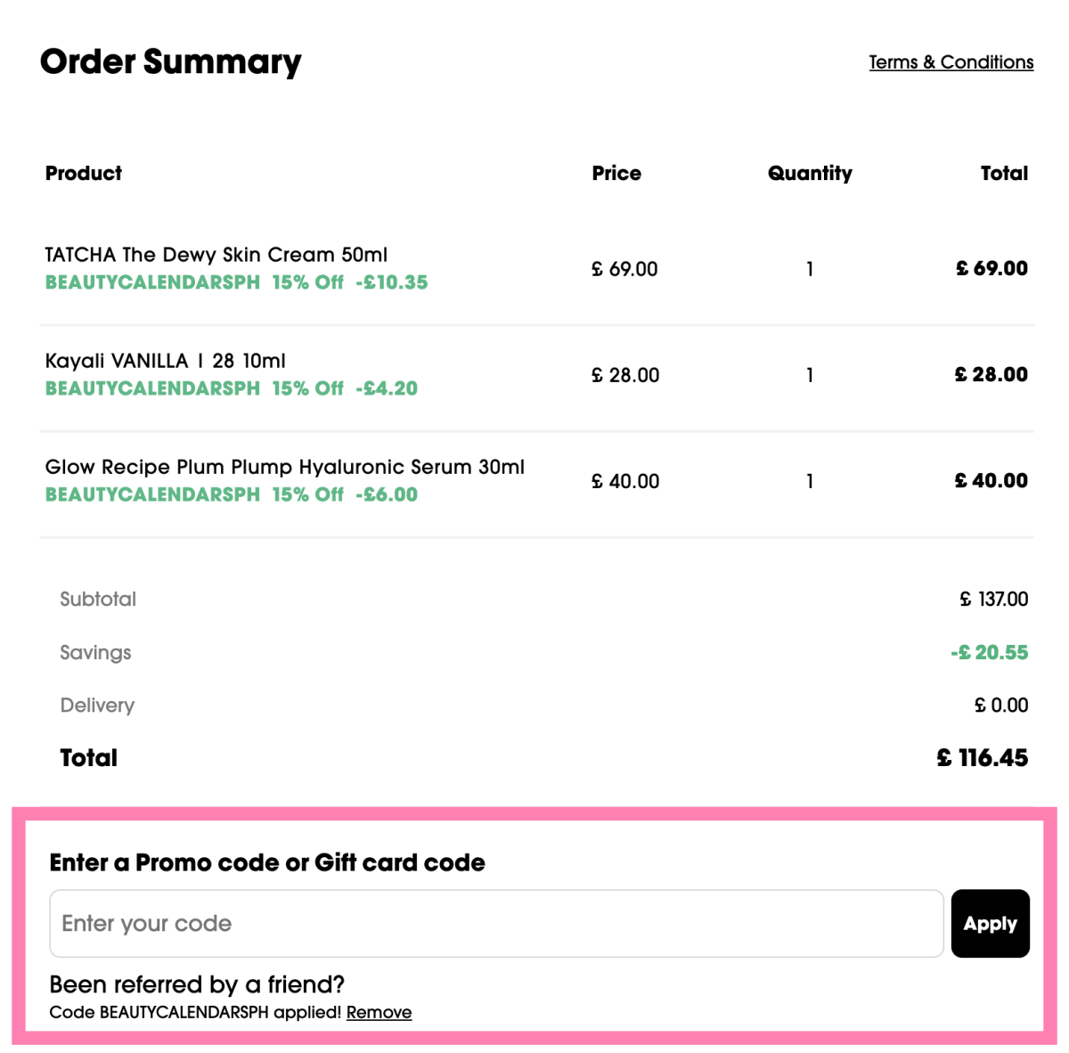Sephora UK discount code BEAUTYCALENDARSPH applied at checkout