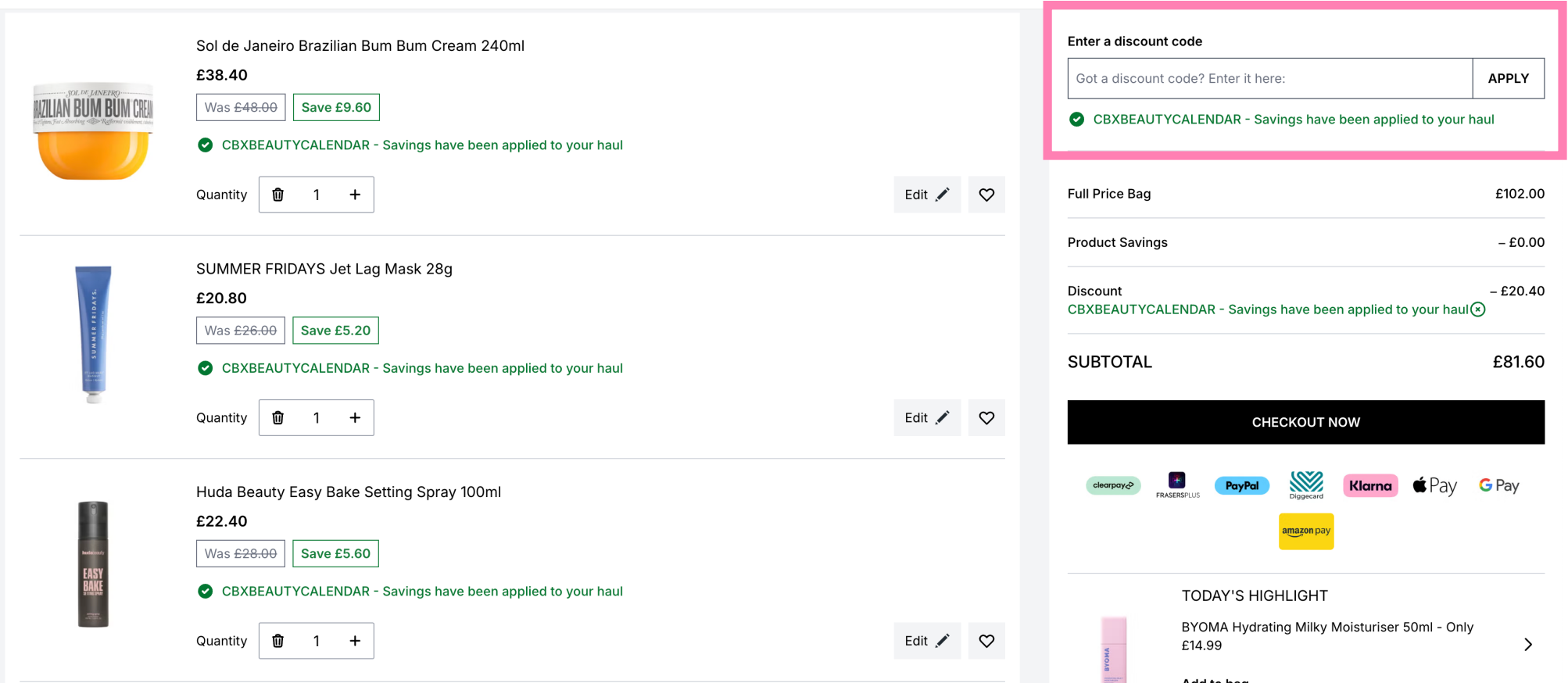 Cult Beauty checkout showing where to enter the discount code