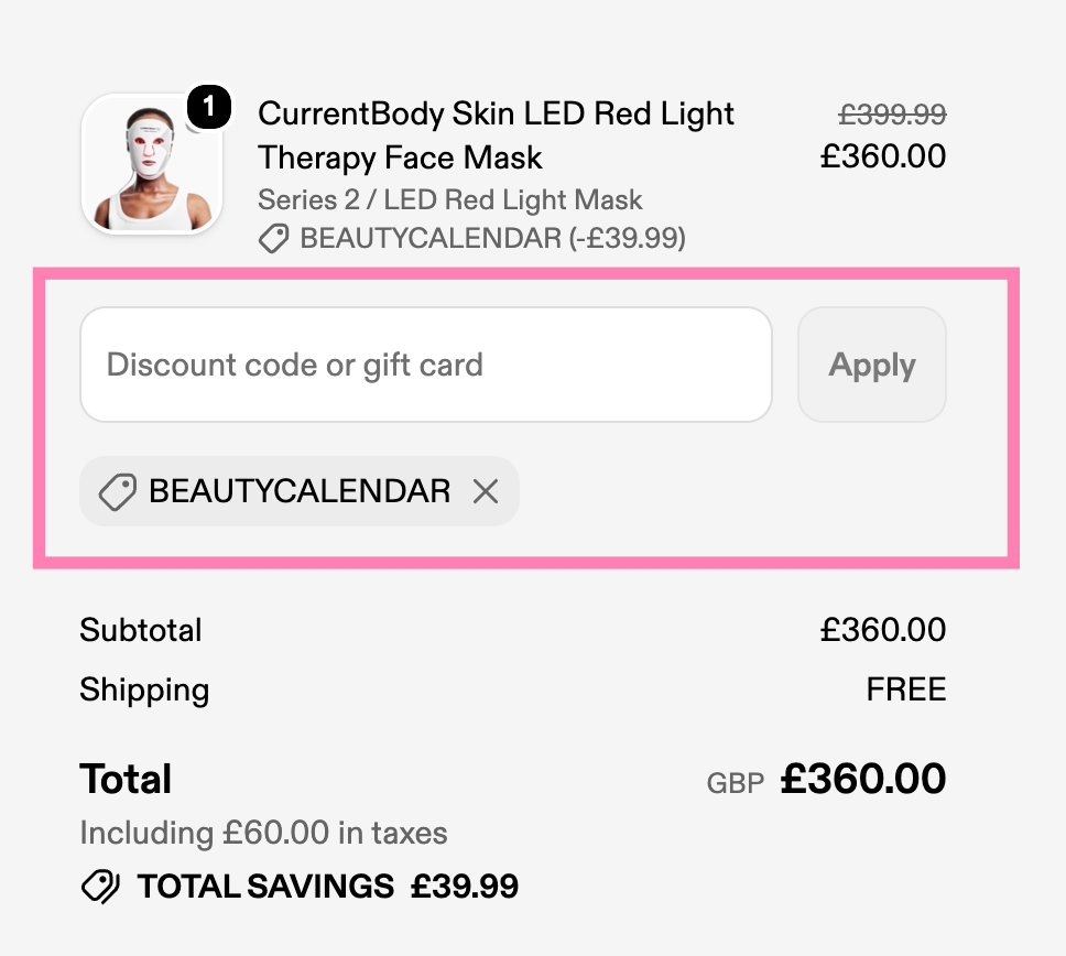 CurrentBody discount code BEAUTYCALENDAR being used at checkout