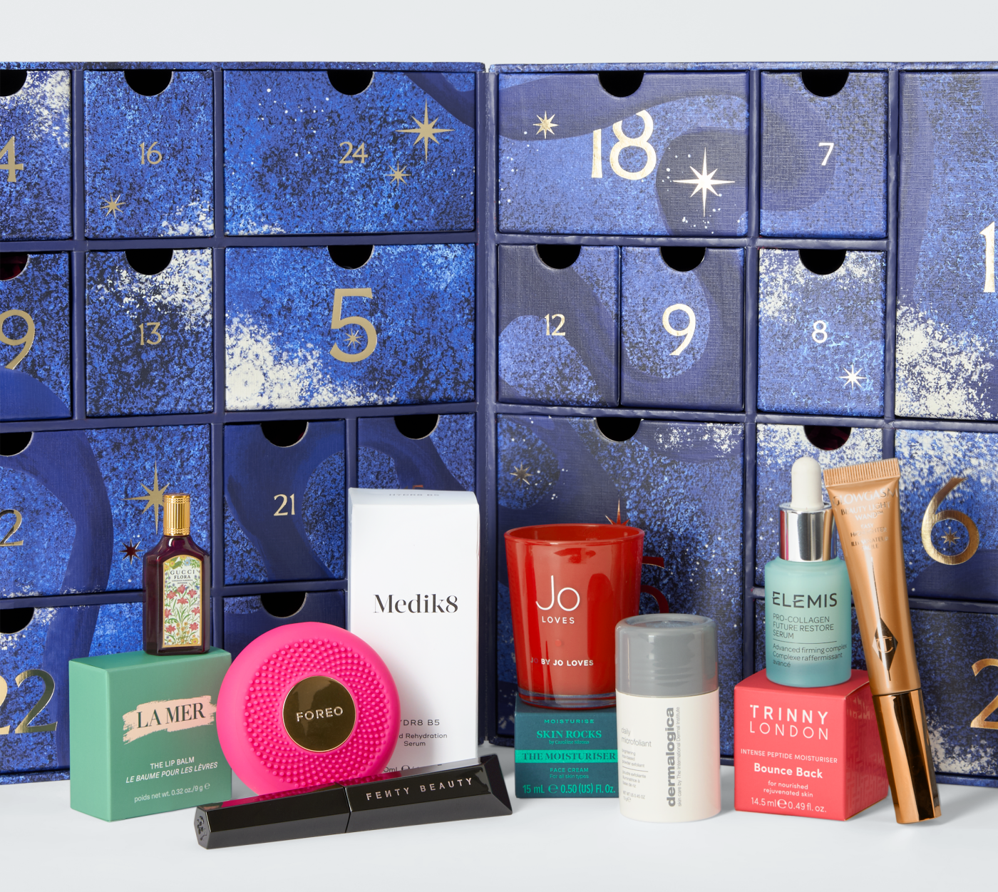 John Lewis Beauty Advent Calendar open with contents including FOREO UFO Mini