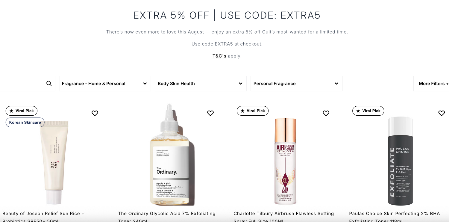 Cult Beauty EXTRA5 discount code