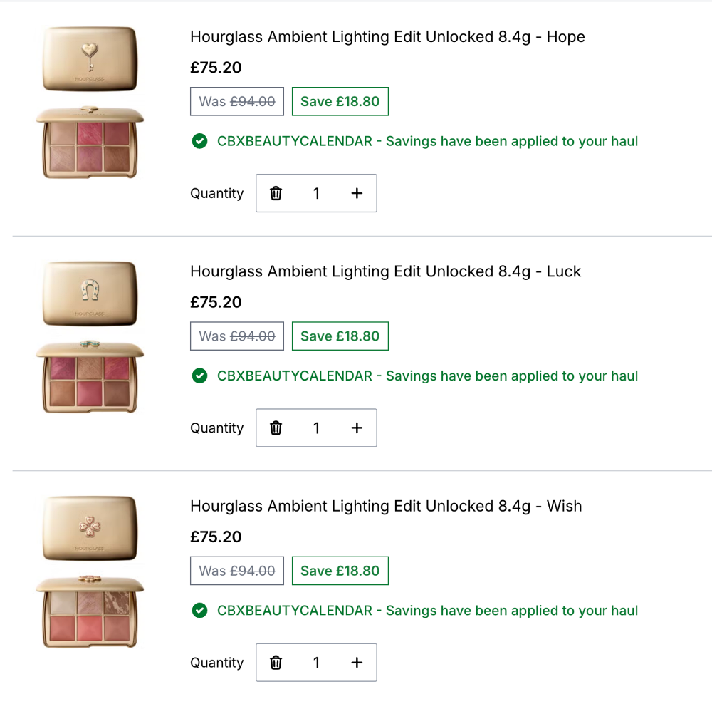 Cult Beauty disocunt code CBXBEAUTYCALENDAR at checkout working on Hourglass palettes
