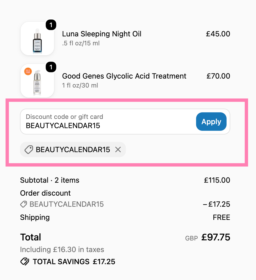 Sunday Riley discount code BEAUTYCALENDAR15 applied at checkout showing 15% off
