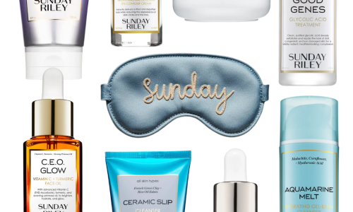 Sunday Riley skincare products including Good Genes, Luna Sleeping Night Oil, C.E.O. Glow and Auto Correct Eye Cream.