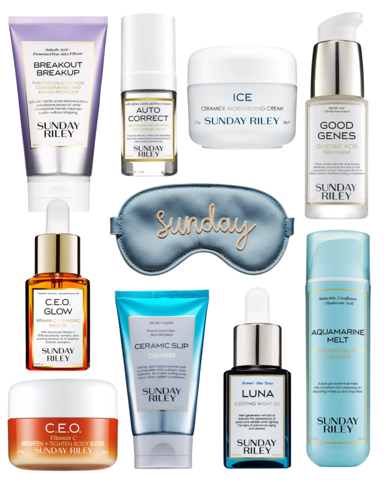 Sunday Riley skincare products including Good Genes, Luna Sleeping Night Oil, C.E.O. Glow and Auto Correct Eye Cream.